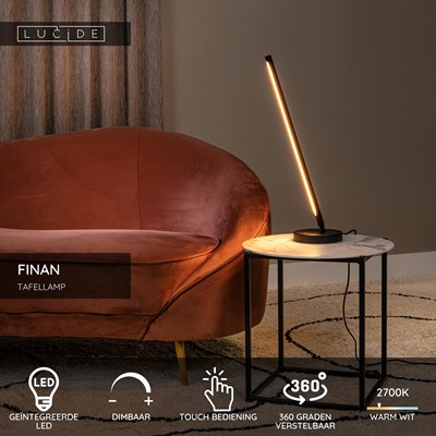 Lucide FINAN - Tafellamp - LED Dimb. - 1x12W 2700K - Zwart
